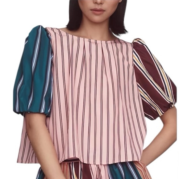 Maeve Tops - Maeve Anthropologie Taffeta Bow Swing Blouse Puff Sleeve size XS Pink Stripe